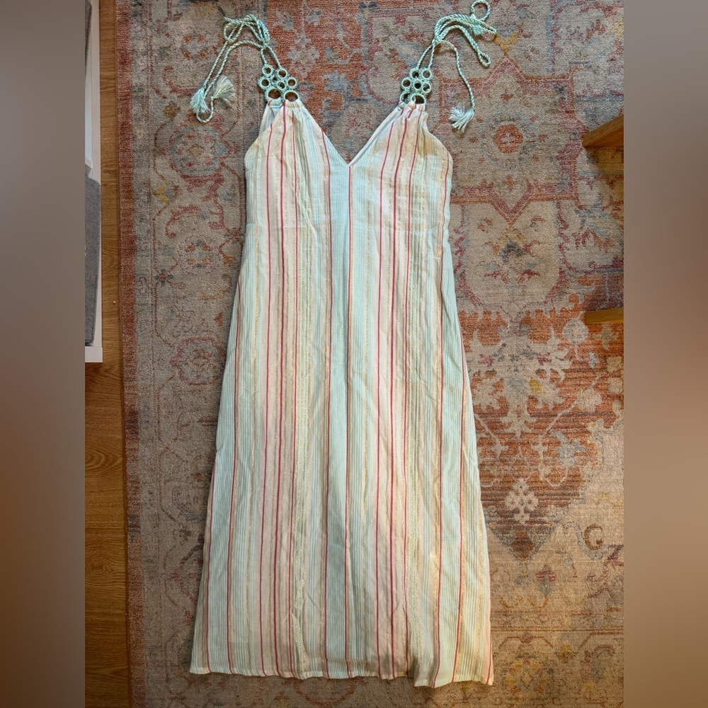 EUC My Beachy Side Uzasel Striped Sleeveless Dress Size 2 Tie Shoulders Pockets